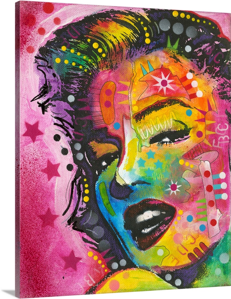 Pop art style painting of Marilyn Monroe with geometric abstract markings on a pink background with stars and circles.