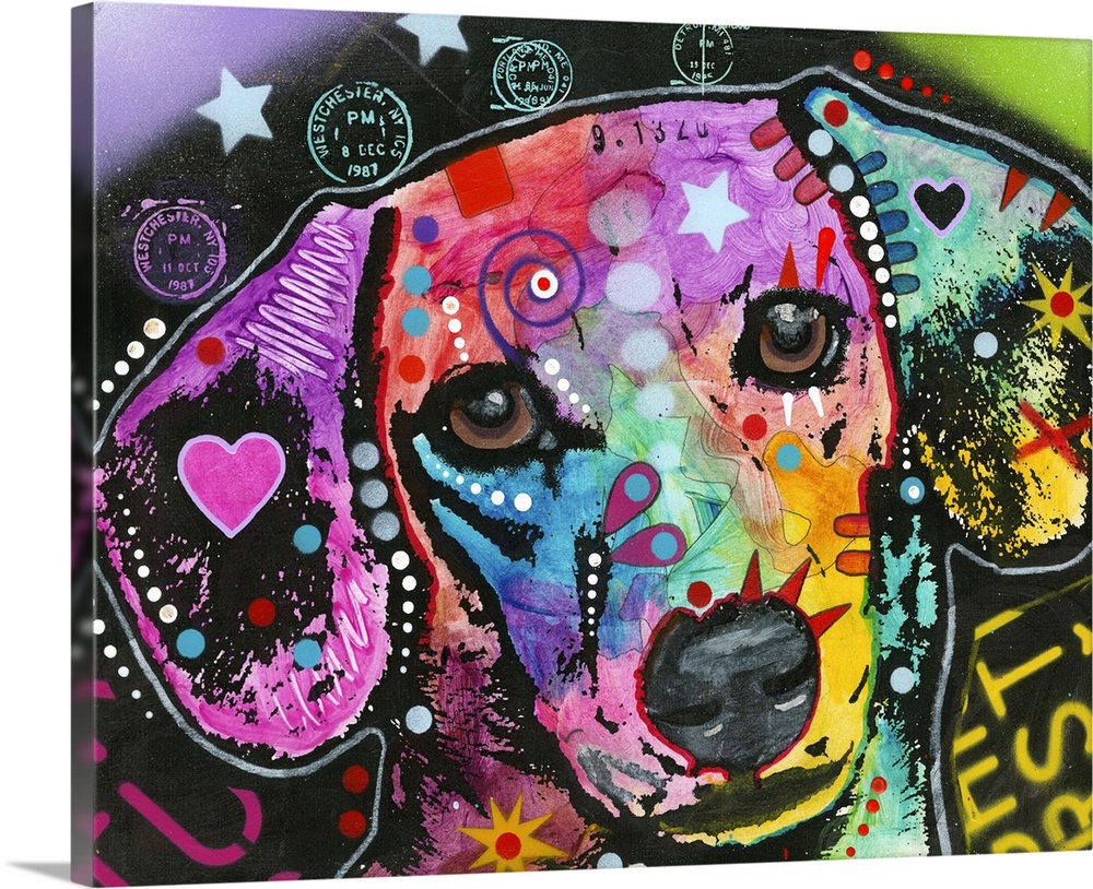 Contemporary painting of a colorful Hound dog with geometric abstract designs all over.