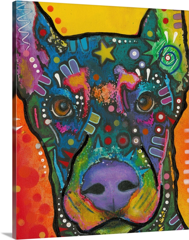 Colorful painting of a dog with geometric abstract markings.