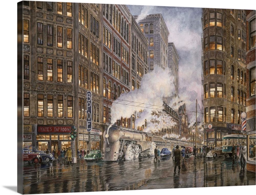 Contemporary painting of a city scene at dusk, with a train stopped and smoke billowing from it's stack.