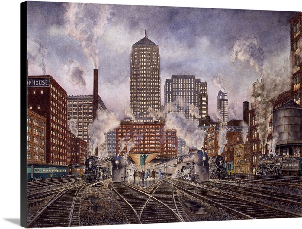 Contemporary painting of a rail road yard with converging tracks and numerous trains getting ready.