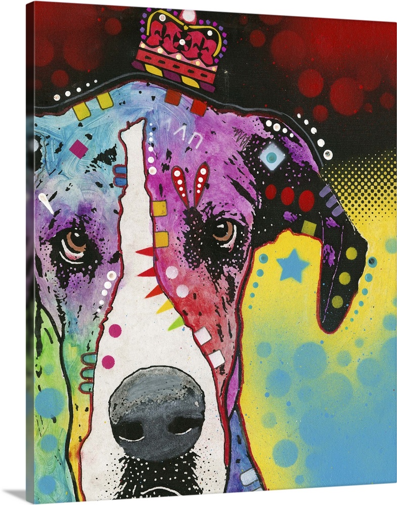 Contemporary painting of a colorful dog with geometric abstract designs all over and a crown on its head.