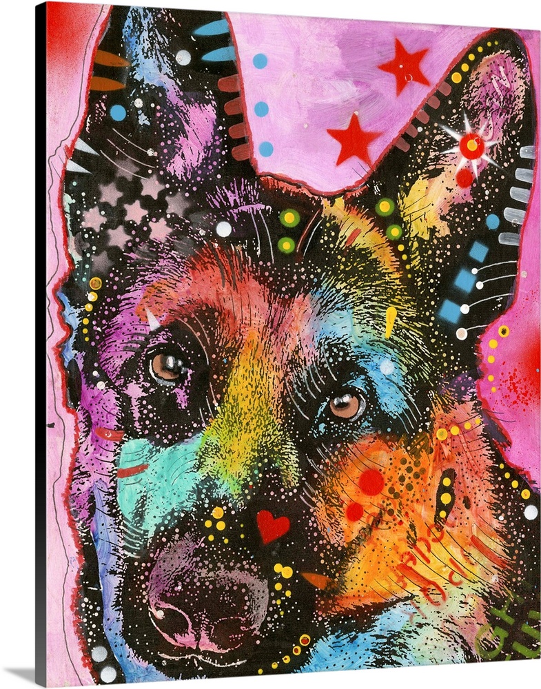 Colorful painting of a dog with geometric abstract markings.