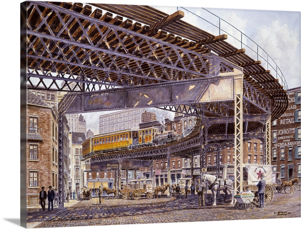 Contemporary painting of train tracks elevated on steel girders.