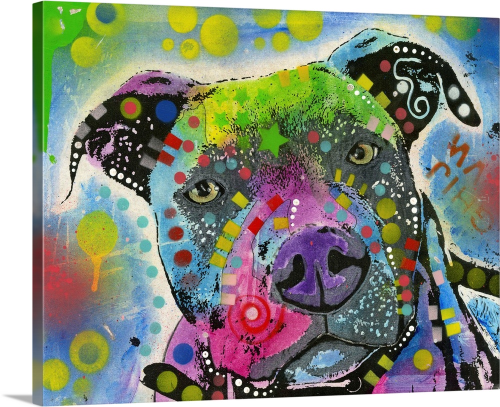 Graffiti style painting of a Pit Bull with different colors and abstract designs all over.