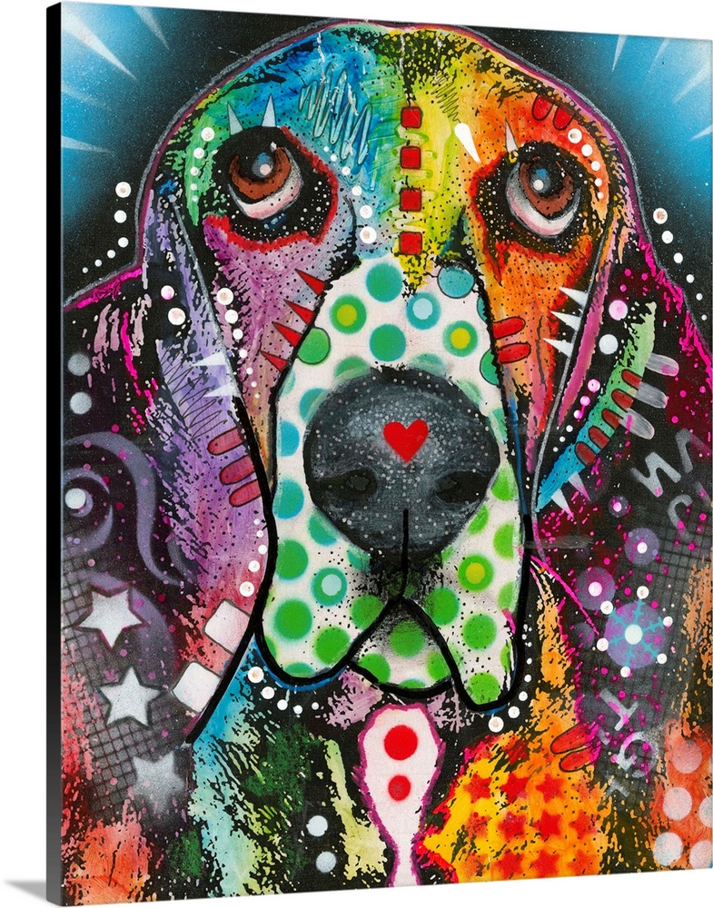 Graffiti style painting of a Hound Dog with different colors and abstract designs all over.