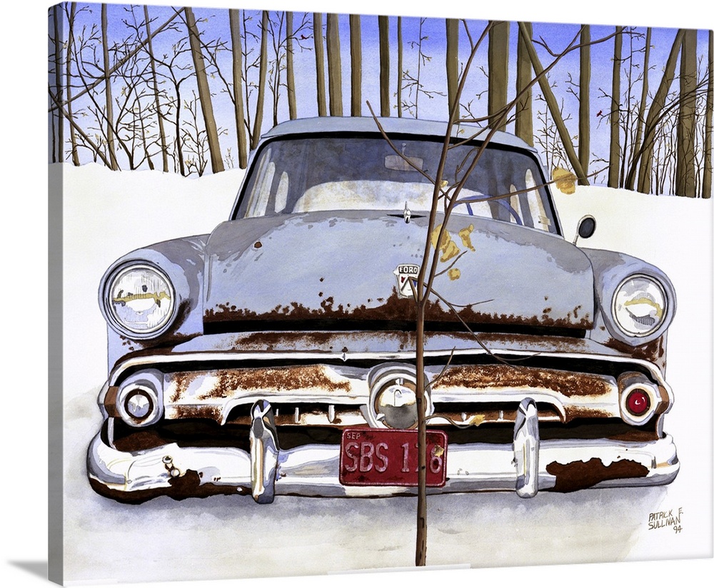 An old beat up vintage ford car in the snow with trees in the background.