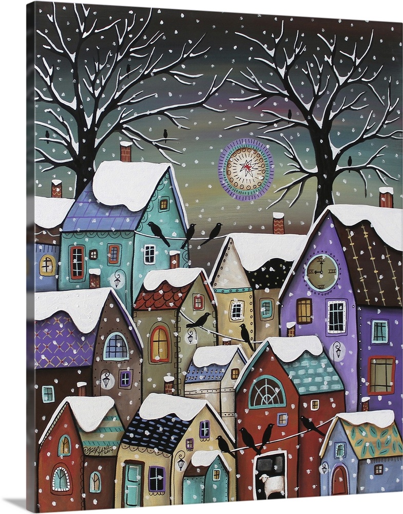 Contemporary painting of a village made of different colored houses in the snow.