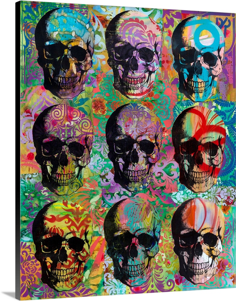 9 skulls in three rows with colorful abstract designs all over.