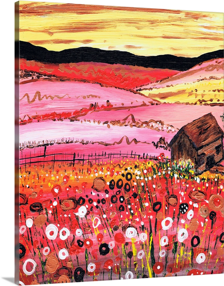A painting of a red field of flowers with a cottage in the foreground.