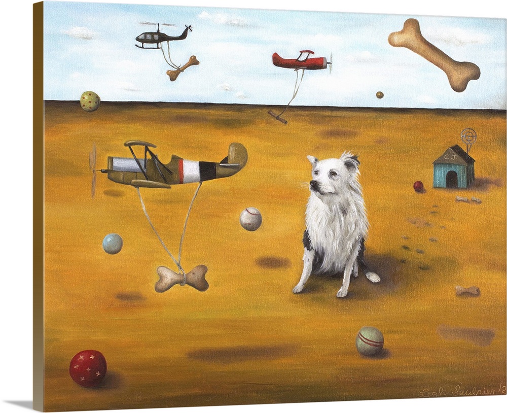 Surrealist painting of a dog sitting on dry arid land watching dog bones being carried around by small aircrafts.