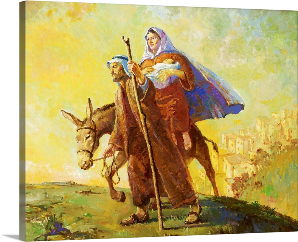 Mary and Joseph, fleeing Egypt with Jesus.