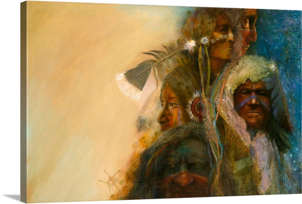 A contemporary painting of a montage of portraits of Native American tribes people.