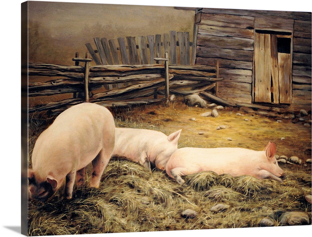 Contemporary artwork of three pigs in a sty, lounging in the mud.