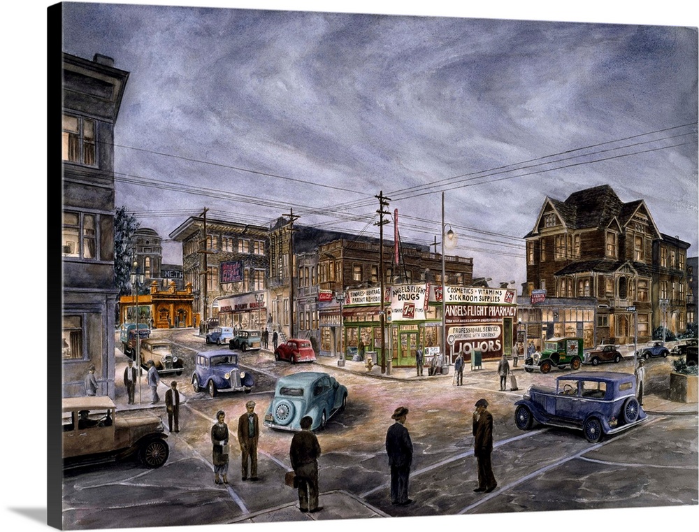 Contemporary painting of a bustling city street.