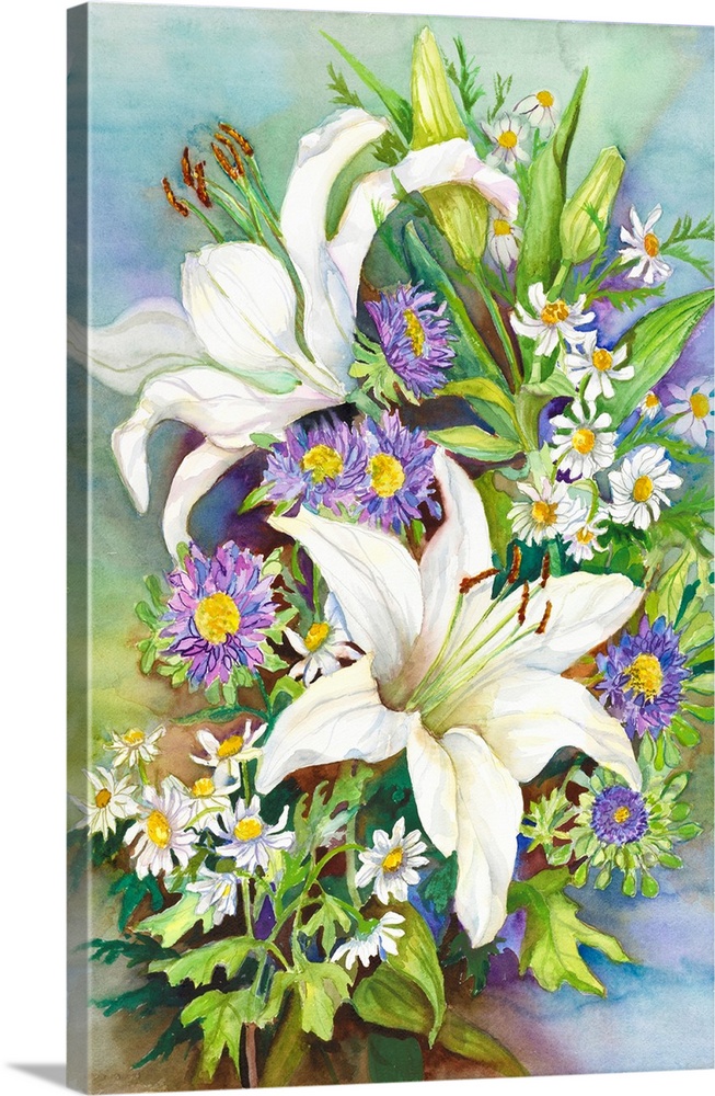 Colorful contemporary painting of a bouquet of white and purple flowers.