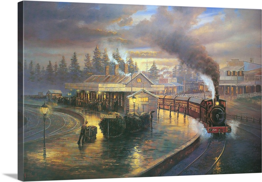 Contemporary painting of a train pulling into the station at night.