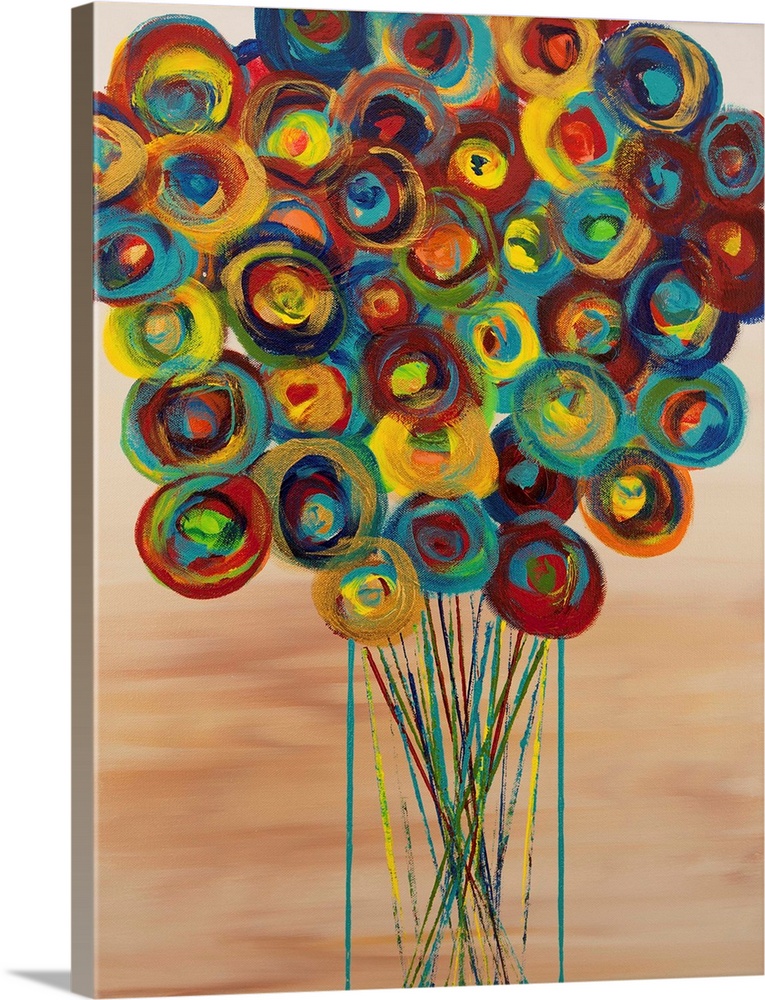 A contemporary abstract painting of a bouquet of colorful flowers in a vase against a light brown background.