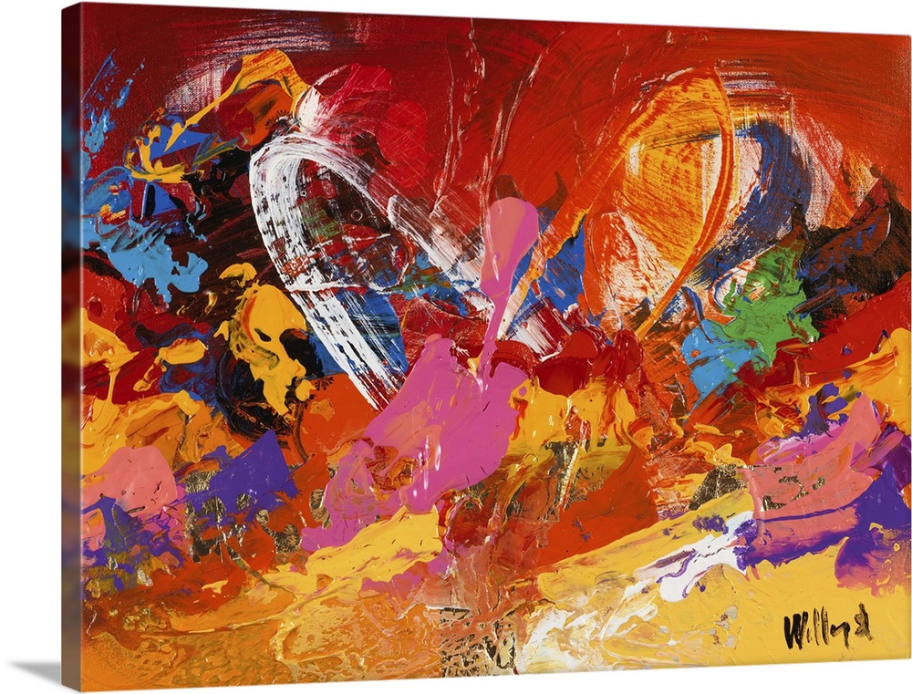 Wild, vivid abstract full of movement, with bold brushstrokes and contrasting colors.
