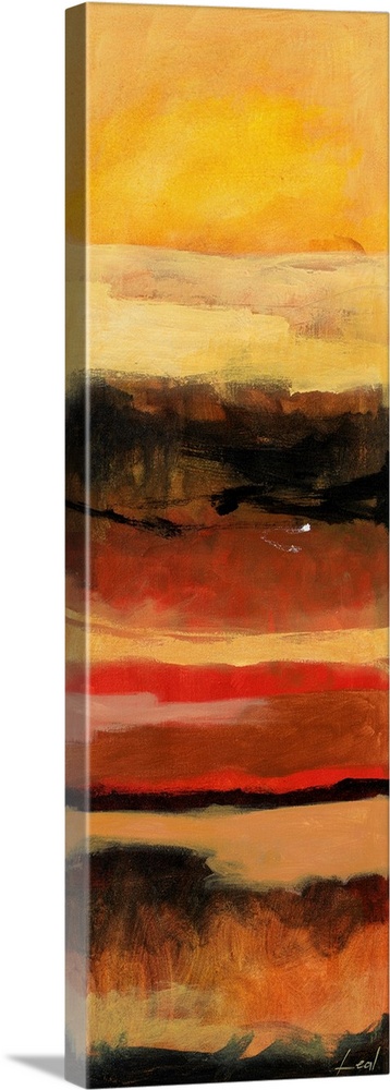 Abstract painting using warm tones in shades of yellow, brown, red, and orange.