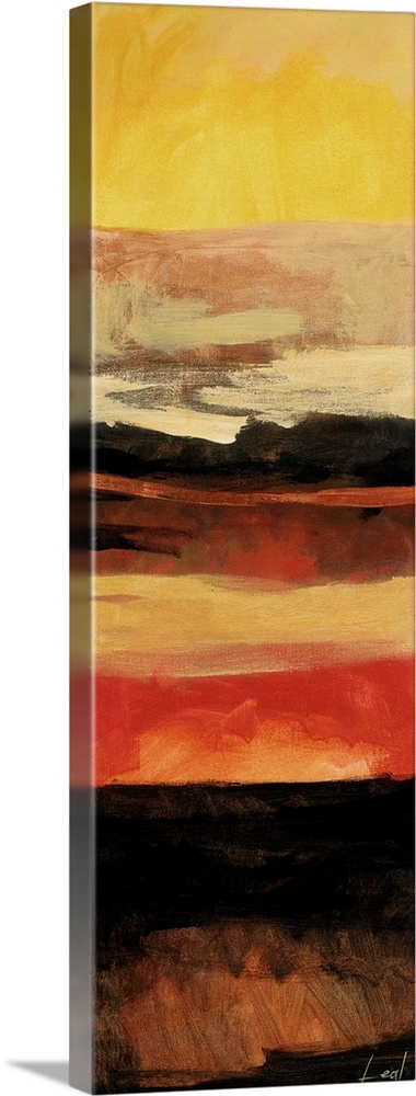 Abstract painting using warm tones in shades of yellow, brown, red, and orange.