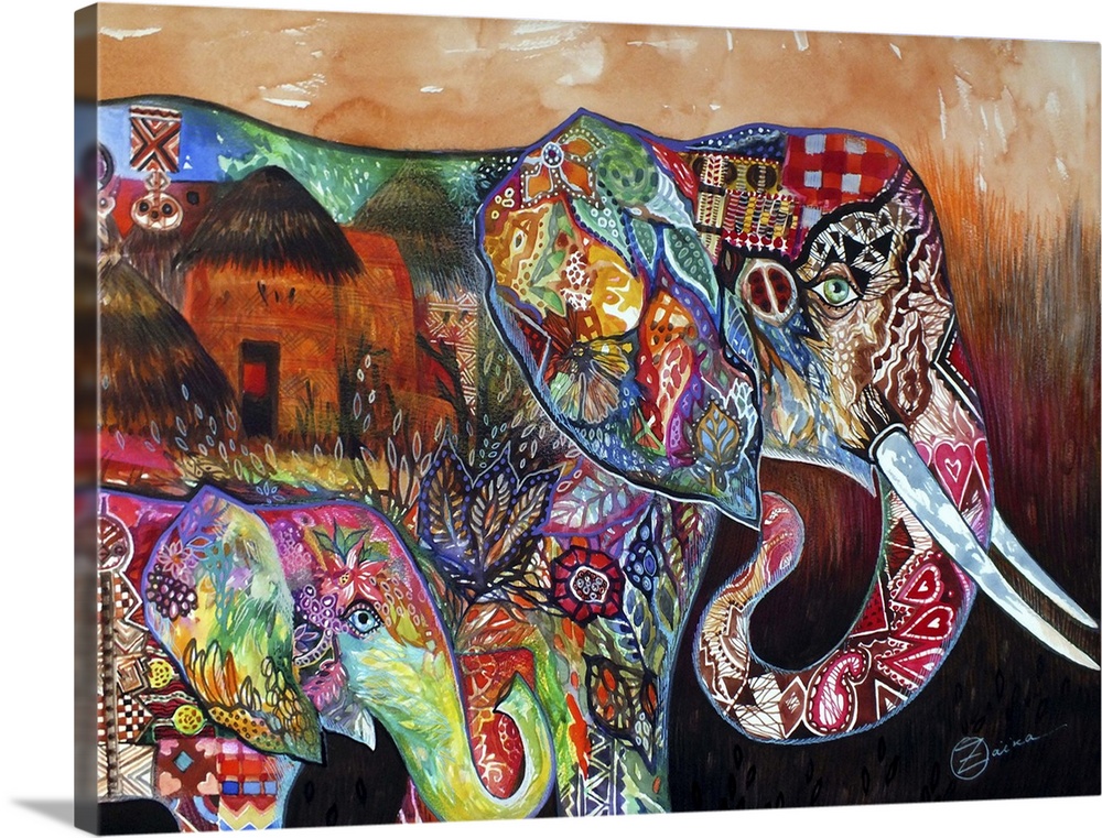 Watercolor painting of two African Elephants with colorful markings.
