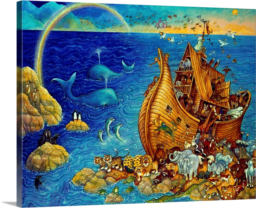 Noah's ark, in a pleasant scene with animals and rainbow.