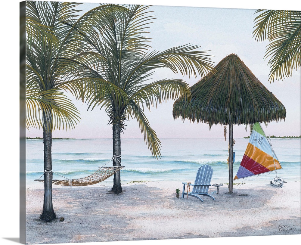 Painting of a thatched umbrella on a tropical beach.