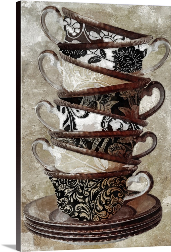 Docor perfect for the kitchen of a stack of eight tea cups all painted with neutral colored designs.