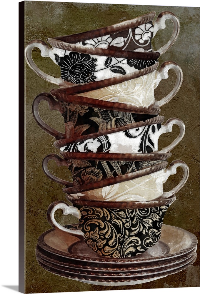 Giant vertical artwork of eight decorative teacups stacked on a small pile of saucers, against a dark, sponge textured bac...