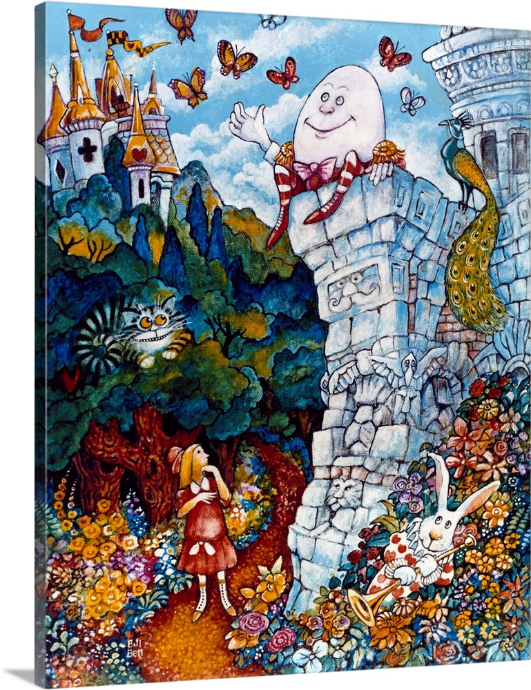 Alice in Wonderland, Cheshire Cat and the White Rabbit look up at Humpty Dumpty sitting on the wall with a peacock.