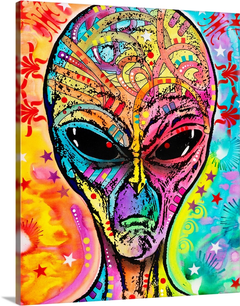 Colorful painting of an alien with abstract markings all over.