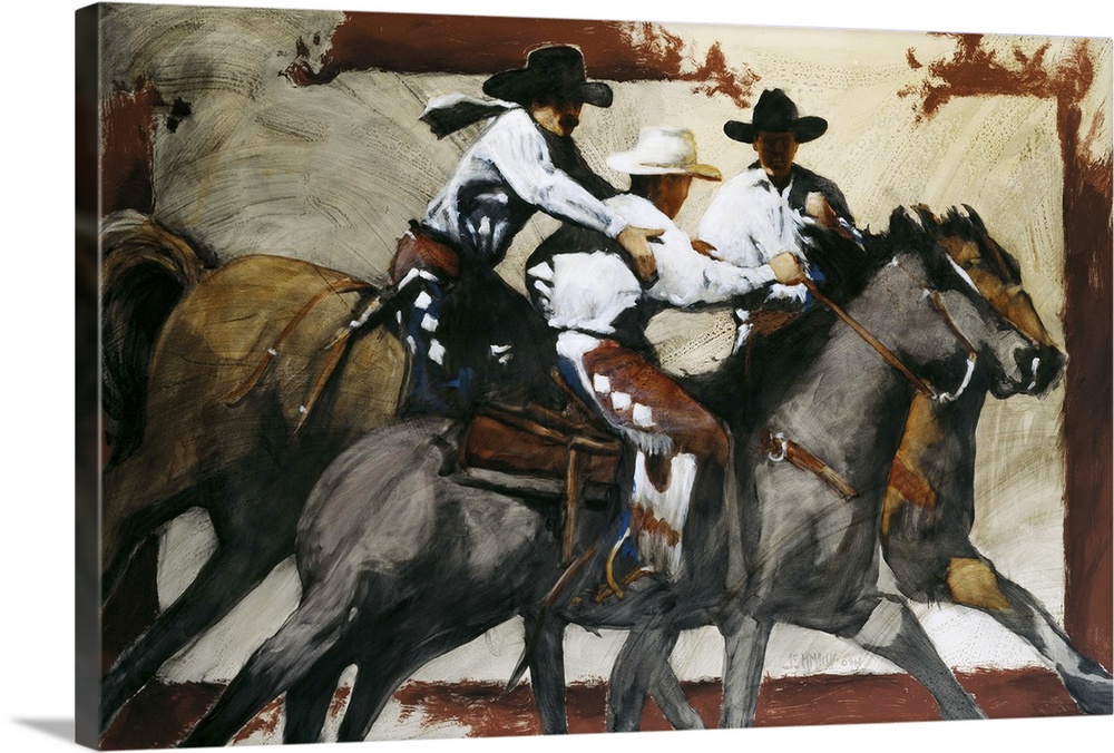 Western themed contemporary painting of cowboys on horseback.