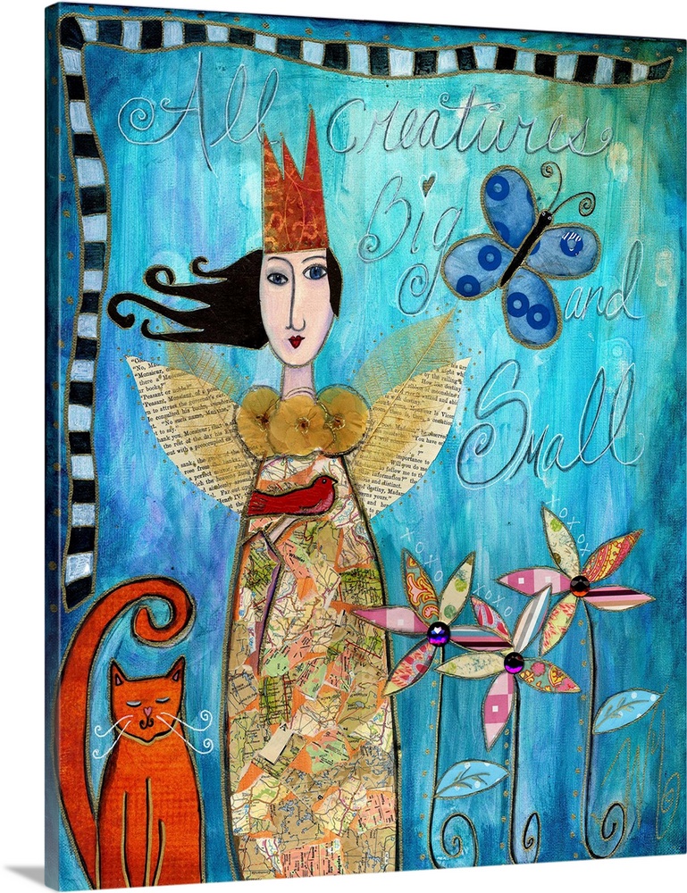 A woman with wings and a crown with an orange cat and a blue butterfly.