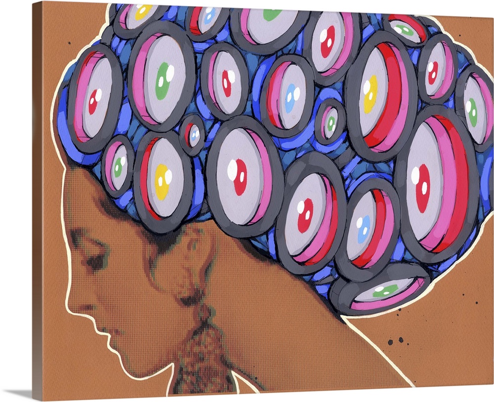 Pop art painting of a woman with large staring eyes in her hair.