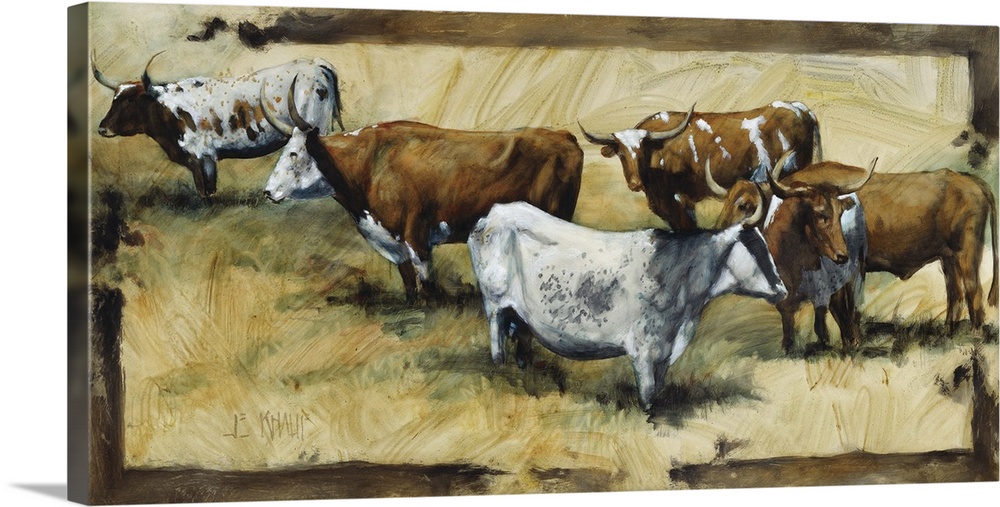 Contemporary western theme painting of a bull grazing.
