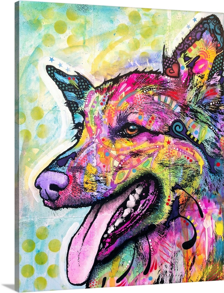 Contemporary painting of a colorful Belgian Sheepdog with graffiti like designs all over.