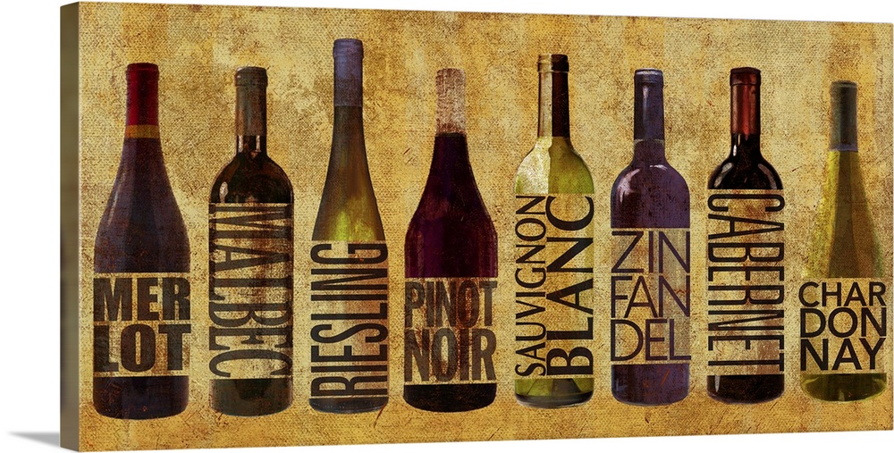 Eight bottles of wine, including Merlot, Malbec, Riesling, Pinot Noir, Sauvignon Blanc, Zinfandel, Cabernet, and Chardonnay.