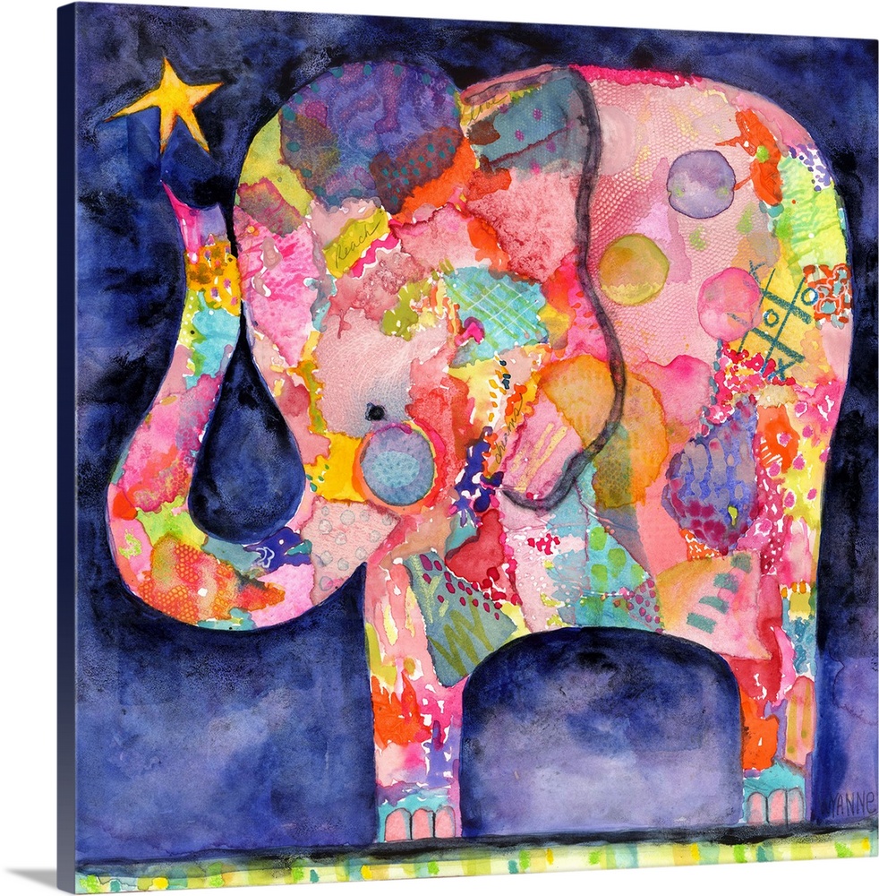 Painting of a colorful elephant with a star above it's trunk.
