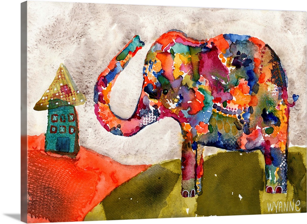 A colorful elephant waving to a house on a hill.