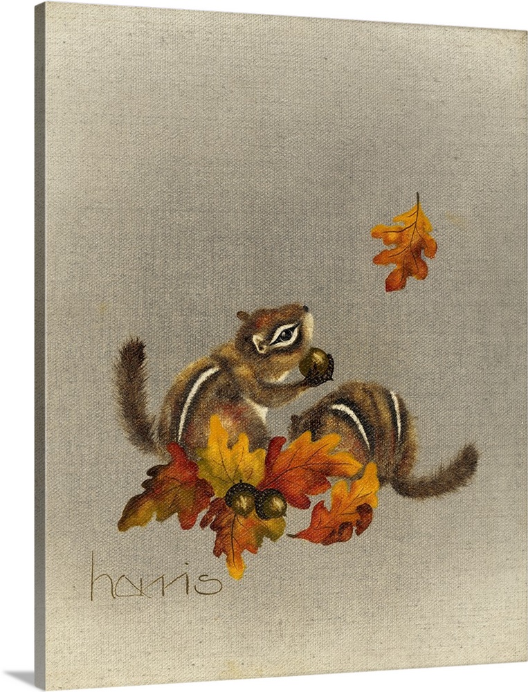 Two chipmunks playing in leaves and acorns. One chipmunk is holding an acorn and looking at a falling leaf.