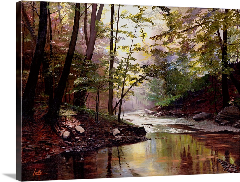 Contemporary painting of a river passing through a forest.
