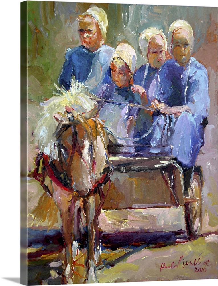 Contemporary painting of Amish women in horse drawn cart.