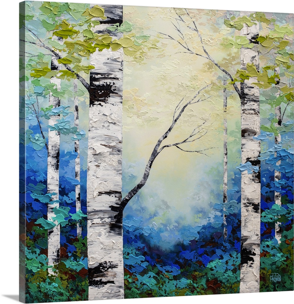 Fine art textured painting of aspen trees and birch trees in sunlit forest Giclee art print on canvas by contemporary abst...