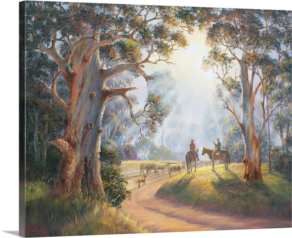 Contemporary painting of cowboys moving cattle through a wooded path in the early morning.