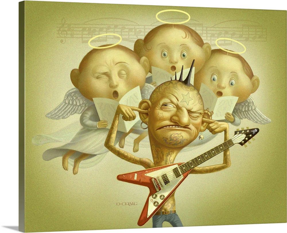 A choir of angels singing and annoying a rocker with an electric guitar.