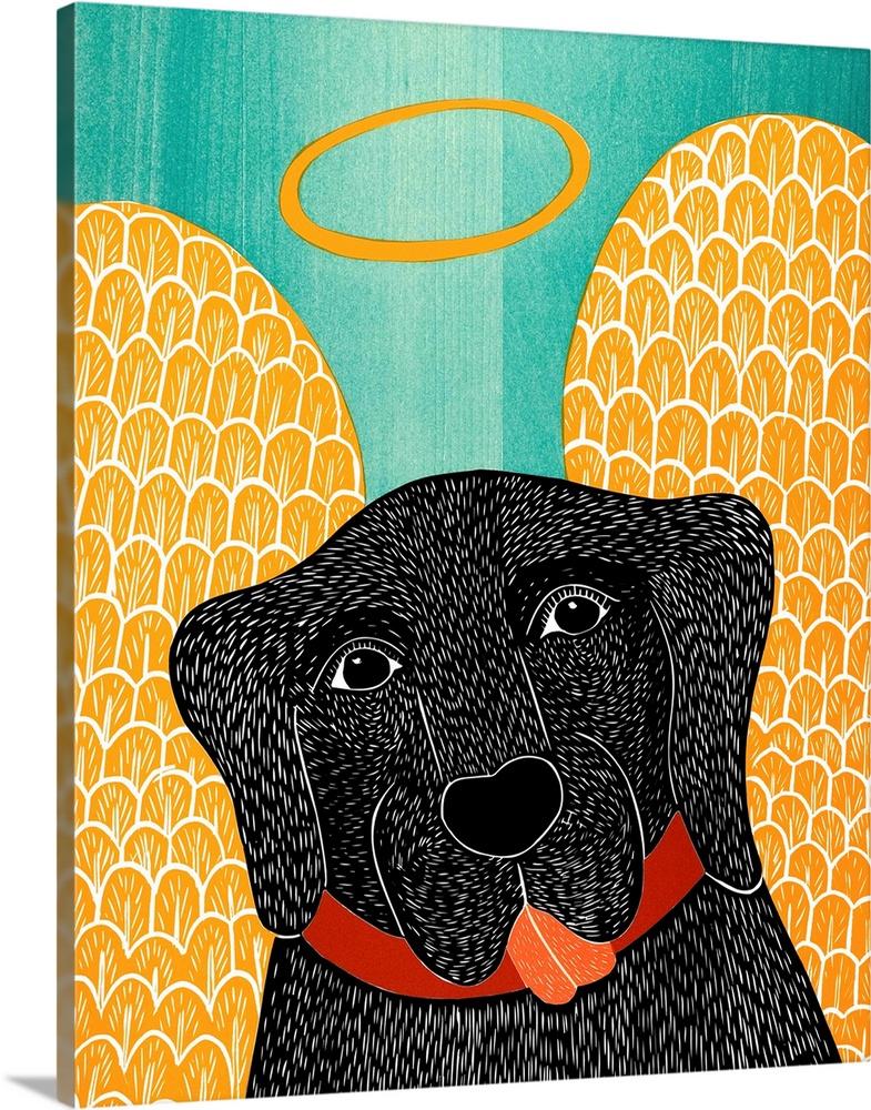 Illustration of a black lab with angel wings and a halo.