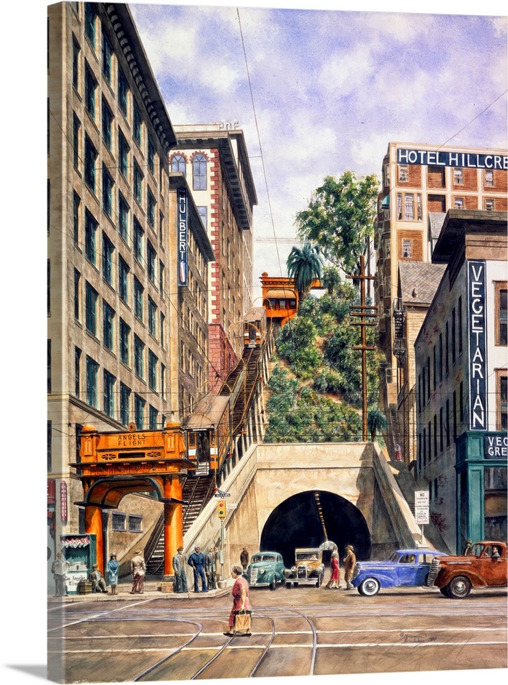 Contemporary painting of a tunnel between tall building in a city.