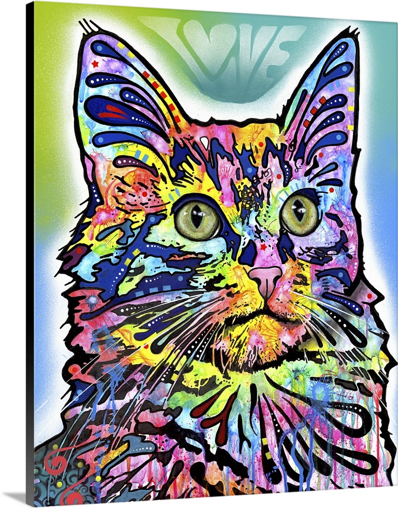 Vibrant illustration of a colorful cat with graffiti-like designs all over and "Love" spray painted at the top.