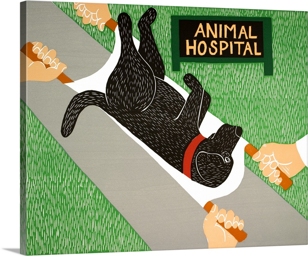 Illustration of a black lab being carried on a stretcher to the animal hospital.